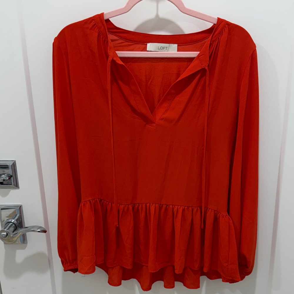 LOFT Bright Red Peplum V-Neck Long-Sleeve Tunic